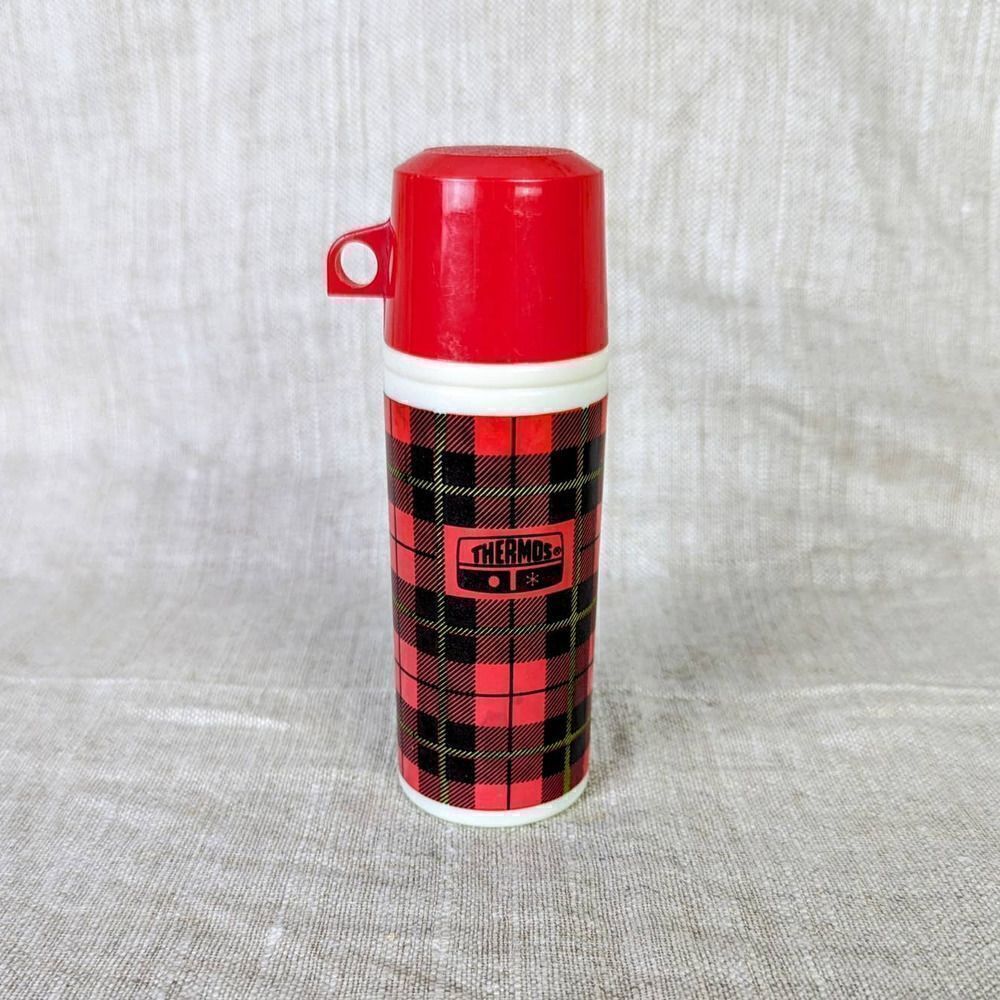 1970s Avon Thermos Red Plaid Glass Wild Country After Shave EMPTY